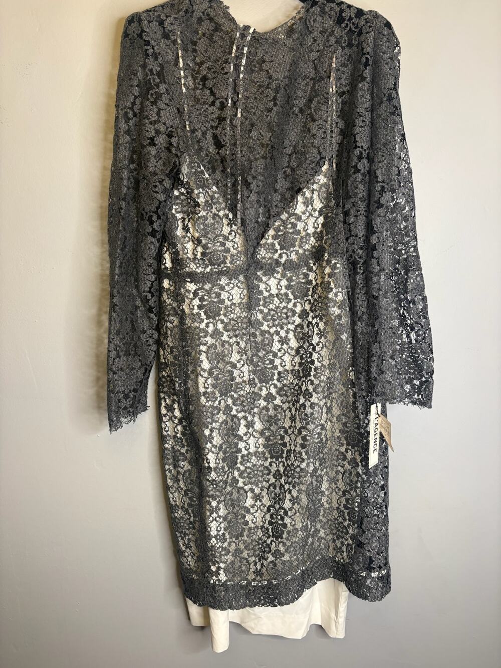 L'AGENCE Gray Lace Midi Dress Sheath Slip Luxury Designer Cocktail Party 4